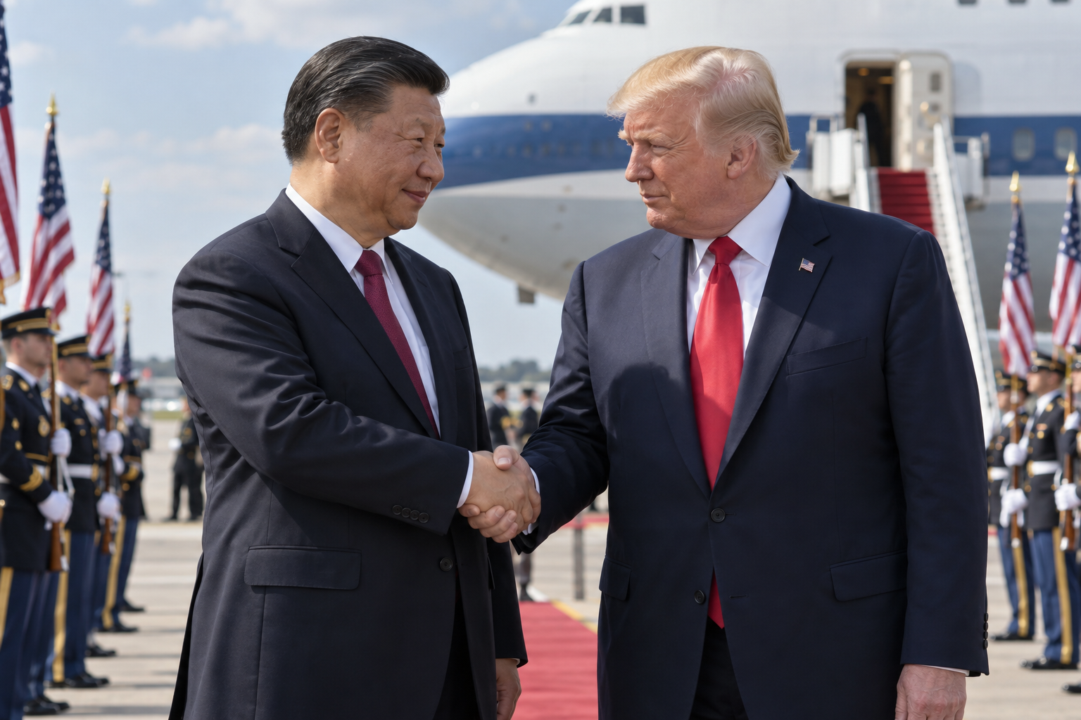 習近平氏とトランプ氏が飛行機を背景に挨拶する場面